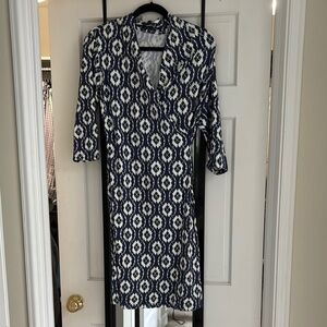 J McLaughlin wrap dress- navy and white pattern